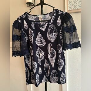 By Design Navy Seashell Print Top | Lace Mesh Sleeves | Size L